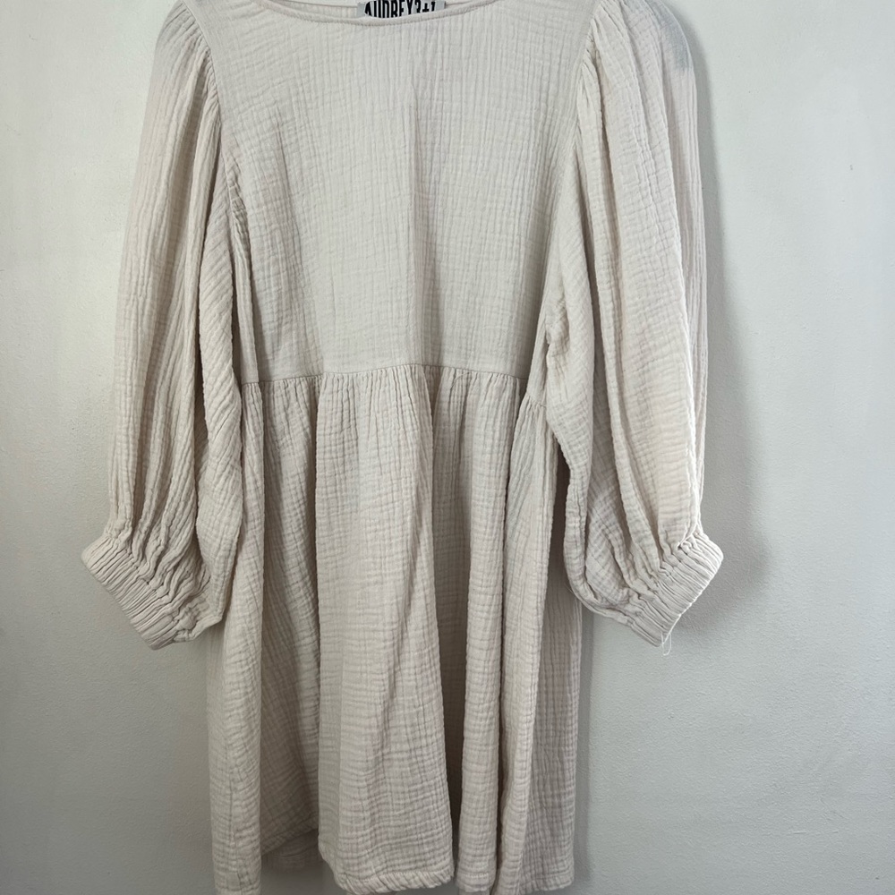 Cream, half sleeve, baby doll, mini dress, size S